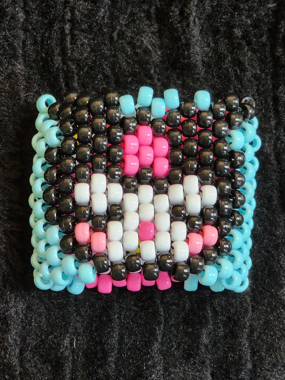 Handmade Beaded Kandi Cuff Bracelet in Black, White, Pink & Blue